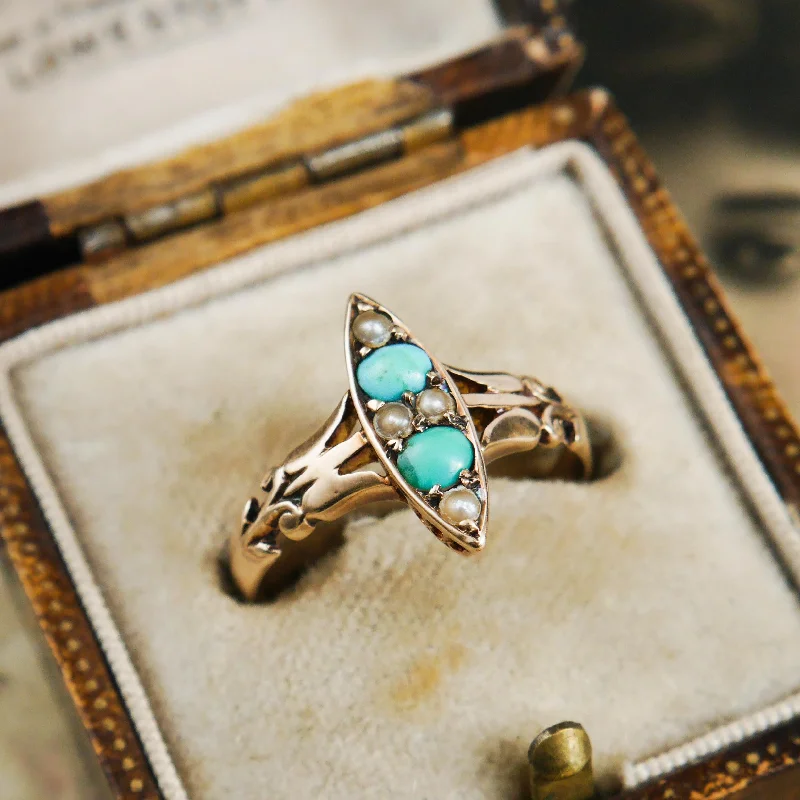 dainty gold rings for women -Poetic Art Nouveau Turquoise & Seed Pearl Ring