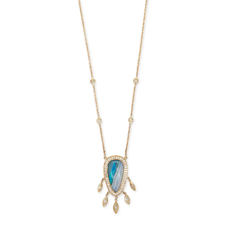 boho crystal necklaces for women -PAVE OMBRE BLUE OPAL TEARDROP + MARQUISE DIAMOND SHAKER NECKLACE