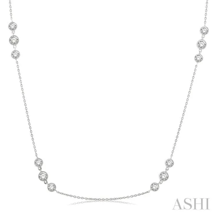 heart necklaces for women -2 ctw Three Stone Bezel Set Round Cut Diamond Station Necklace in 14K White Gold