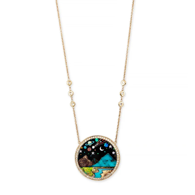 infinity knot necklaces for women -PAVE ROUND ONYX + OPAL SCENIC GALAXY INLAY NECKLACE