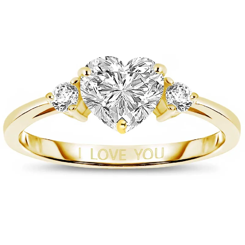 dainty rings for women -Sterling Silver with Gold Plated Heart and Round Clear Cubic Zirconias Three-Stone "I Love You" Ring