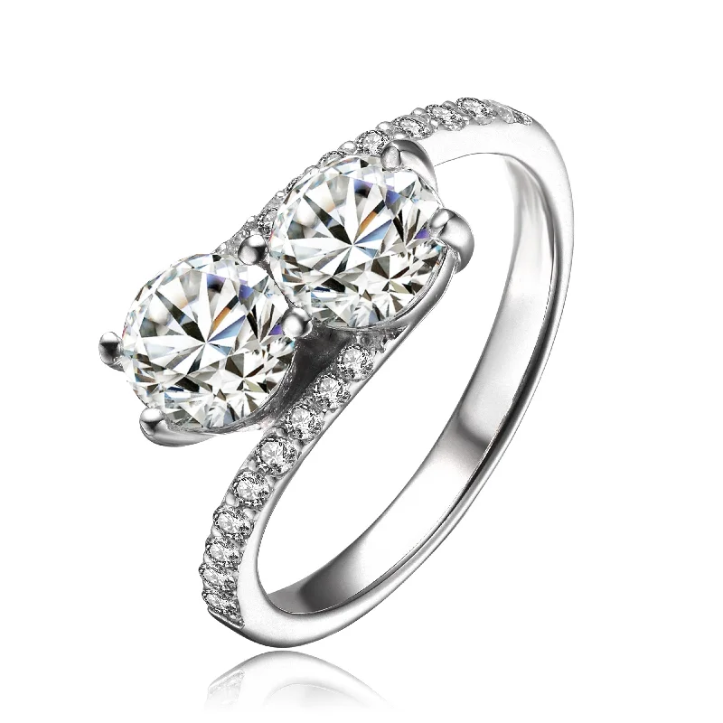 celestial rings for women -Sterling Silver with Rhodium Plated Two Clear Round Cubic Zirconia Partial Pave Twisted Ring