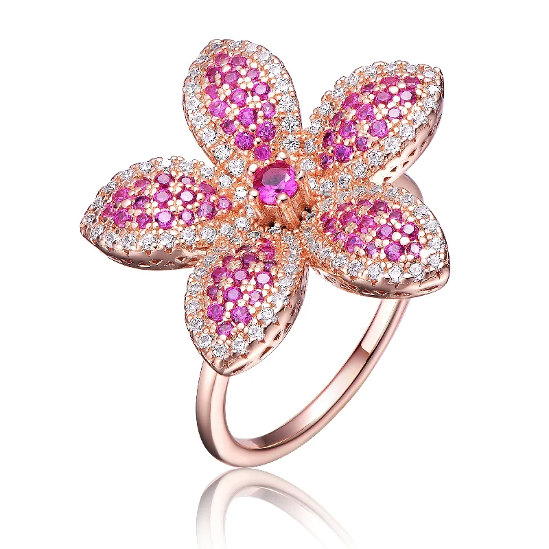 promise rings for women -Sterling Silver 18K Rose Plated Clear and Ruby Cubic Zirconia Flower Coctail Ring