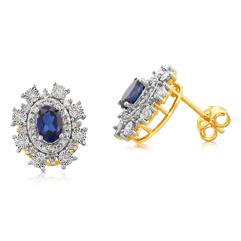 diamond earrings for women -9ct Yellow Gold Diamond And Created Sapphire Earrings