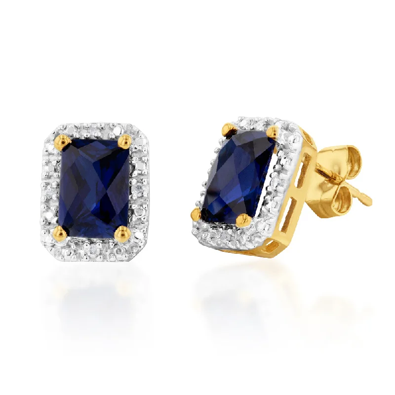 gold hoop earrings for women -9ct Yellow Gold Created Sapphire and Diamond Stud Earrings