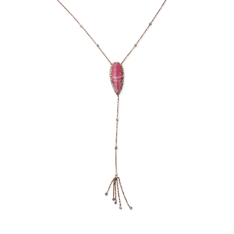 adjustable gold necklaces for women -RHODOCHROSITE TEARDROP DIAMOND TASSEL Y NECKLACE