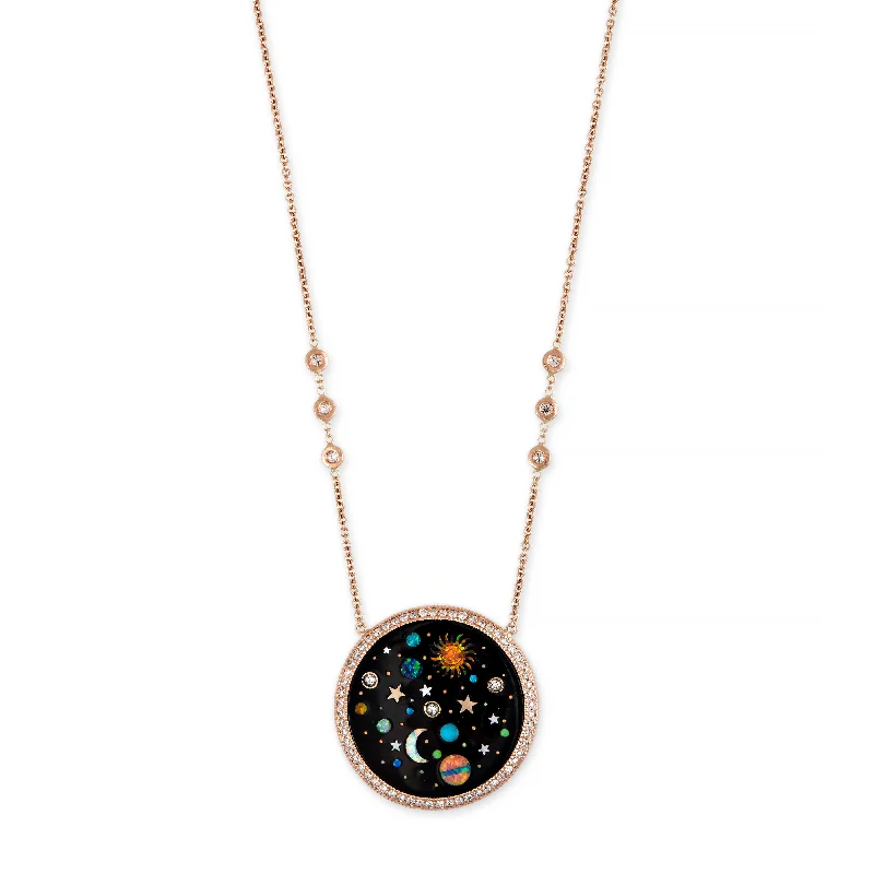 bow necklaces for women -PAVE ROUND ONYX + OPAL STARRY GALAXY INLAY NECKLACE