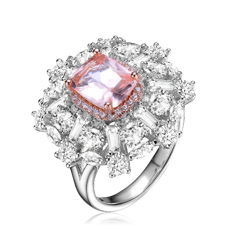 silver stacking rings for women -Sterling Silver with Rose Gold Plated Morganite Cubic Zirconia Coctail Ring