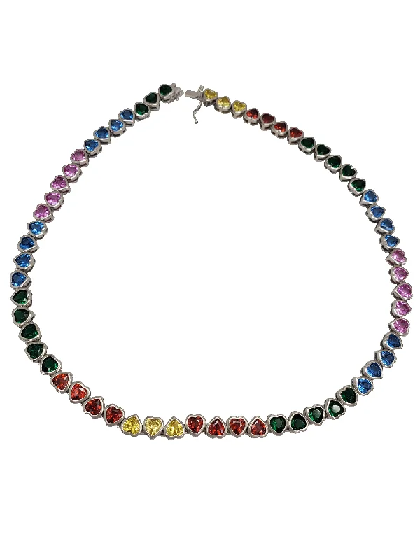 statement necklaces for women -Zirconia Heart Colorful Chain (Silver)