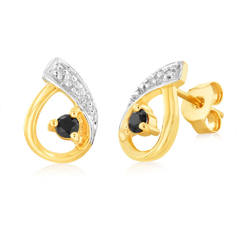 multi-stone earrings for women -Natural Dark Round Sapphire 2.5mm & Small Diamond Stud Earrings in 9ct Yellow Gold