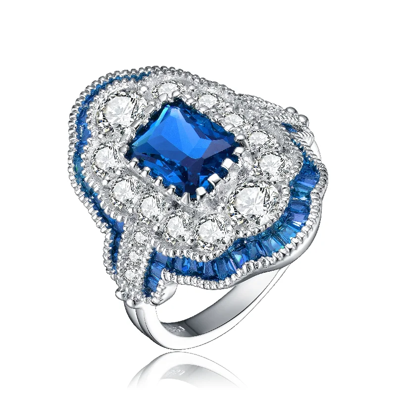 sterling silver promise rings for women -Sterling Silver Sapphire Cubic Zirconia Pave Cocktail Ring