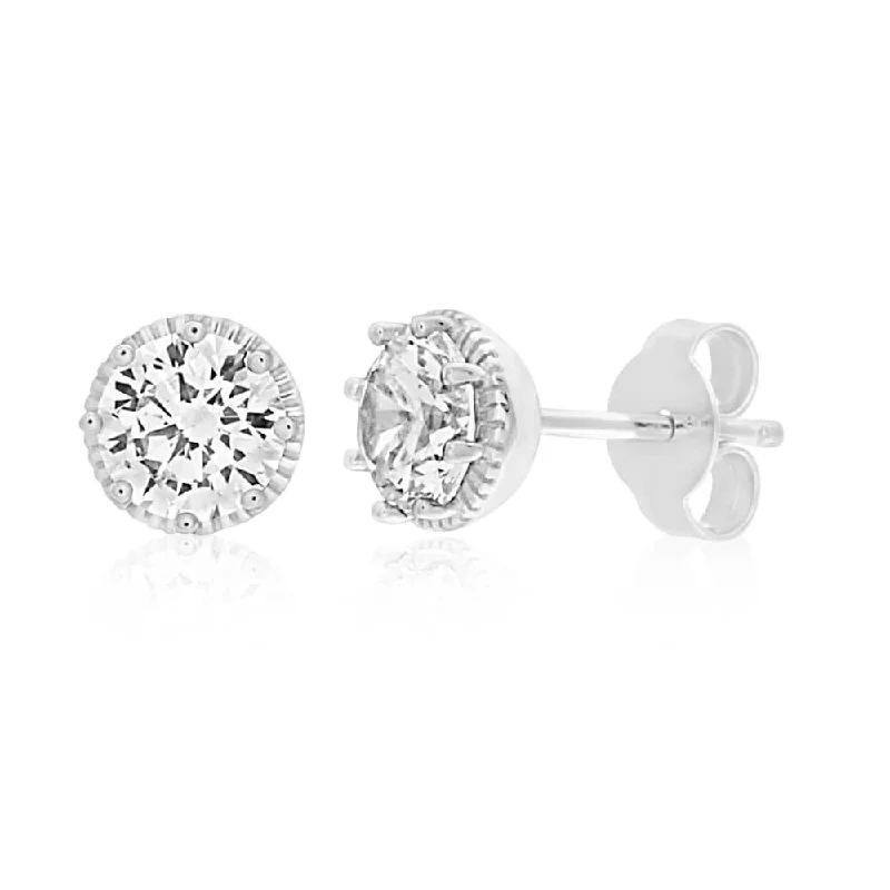 textured earrings for women -Sterling Silver Rhodium Plated Cubic Zirconia 6mm Round Stud Earrings