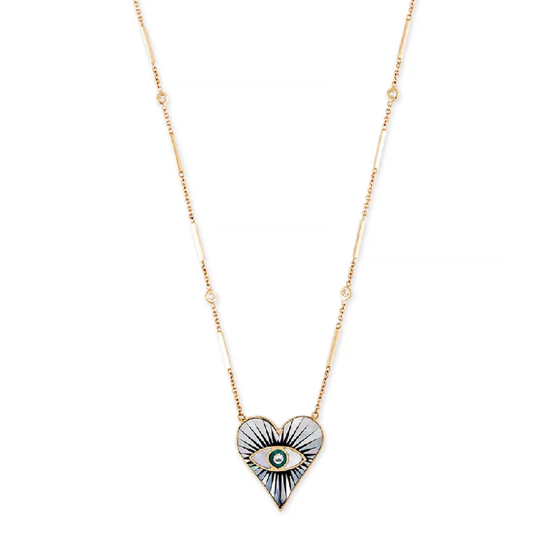 fashion necklaces for women -SMALL PEARL ONYX TURQUOISE INLAY EYE BURST HEART NECKLACE