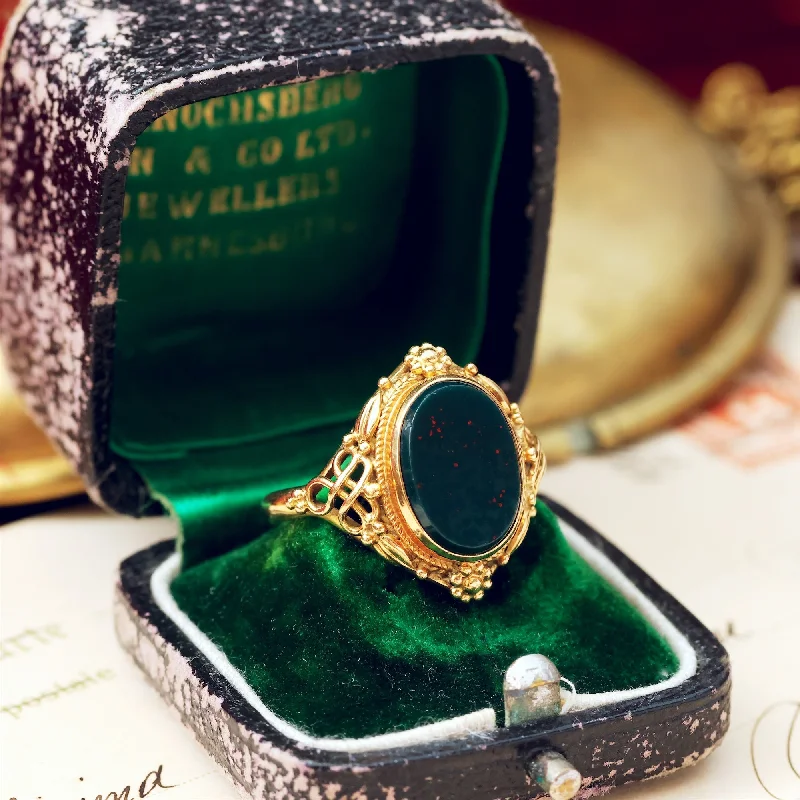 engagement rings for women -Antique Victorian Arts & Crafts Bloodstone Signet Ring