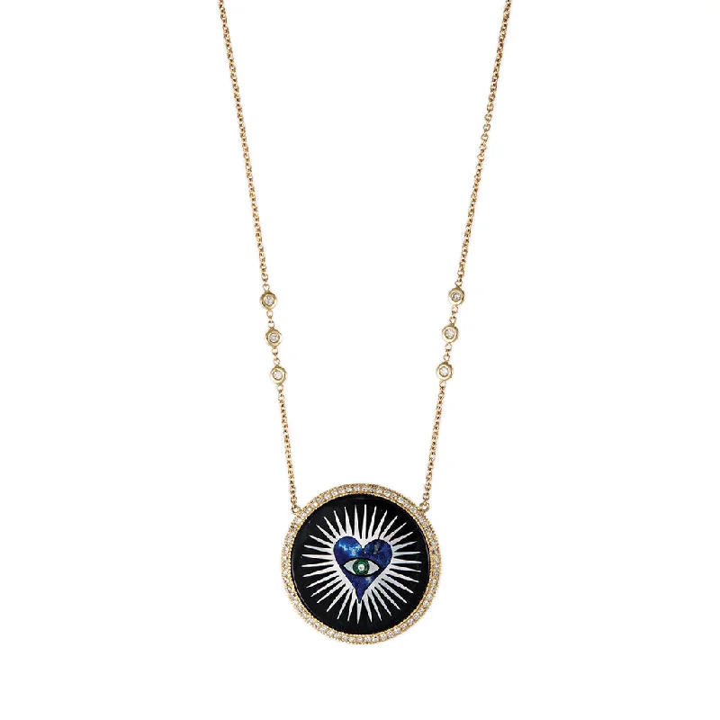 white gold necklaces for women -PAVE ONYX INLAY LAPIS HEART BURST NECKLACE