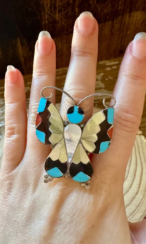 halo rings for women -FLUTTERS Allison Dishta Inlay Large Butterfly Zuni Ring • Size 9