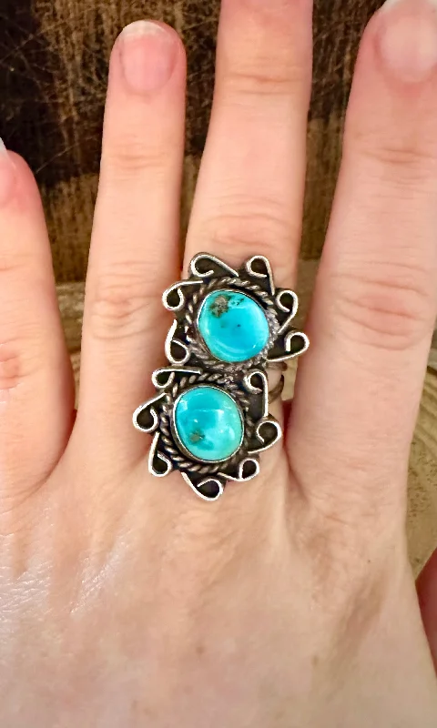 adjustable rings for women -VINTAGE DOUBLE SPIRAL Sterling Silver Turquoise Ring • Size 6 1/2