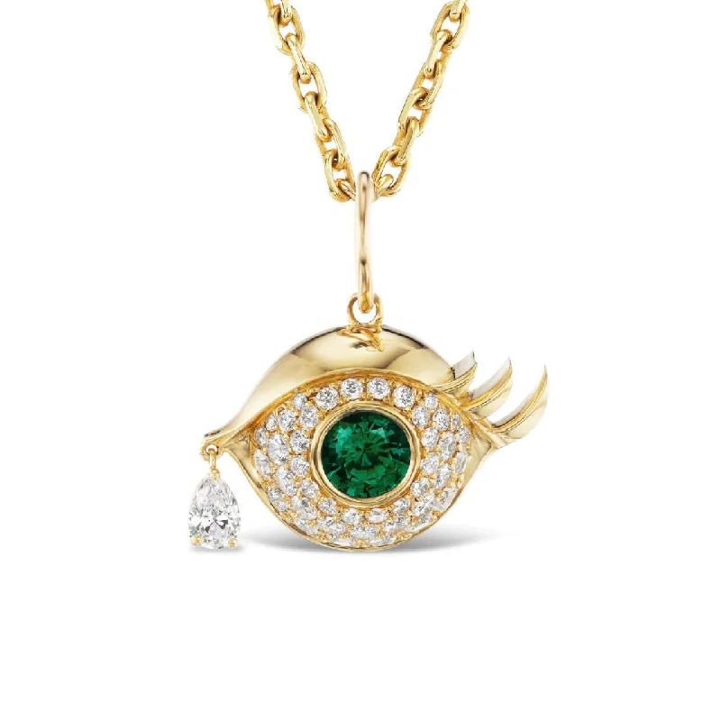 love knot necklaces for women -EMERALD EVIL EYE PENDANT WITH THREE LASHES AND TEARDROP