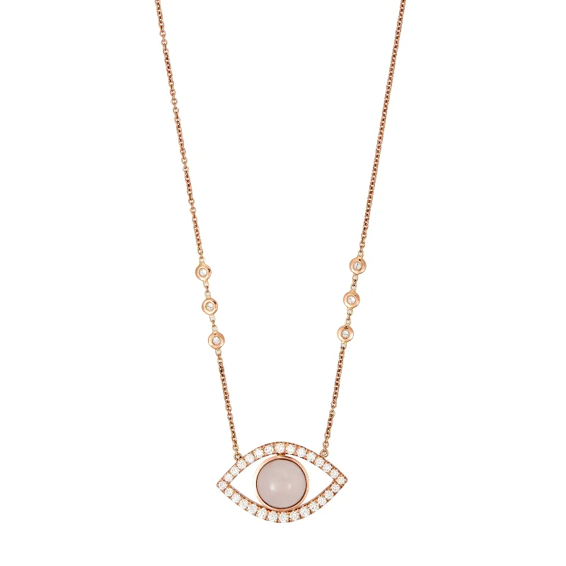 bohemian necklaces for women -LARGE PAVE ROSE QUARTZ CENTER OPEN EYE DIAMOND NECKLACE