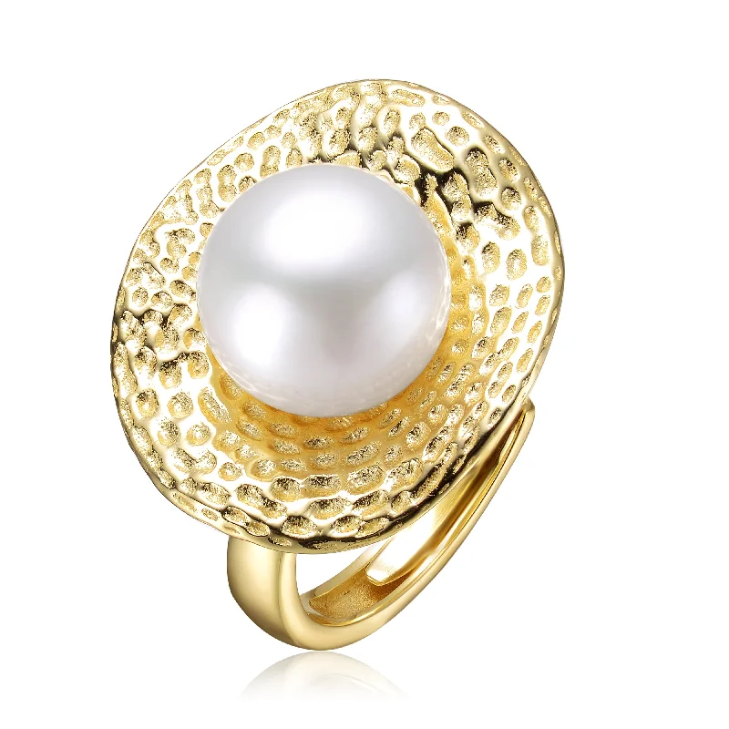 wedding band rings for women -Sterling Silver Gold Plated with Genuine Freshwater Pearl Hammered Ring