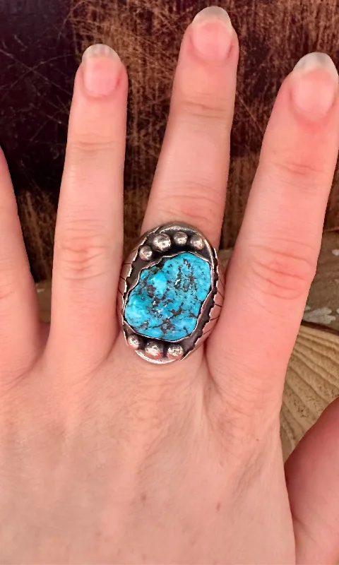 gold rings for women -DIG DEEP 1970s Vintage Turquoise and Silver Mens Ring • Size 10 1/2