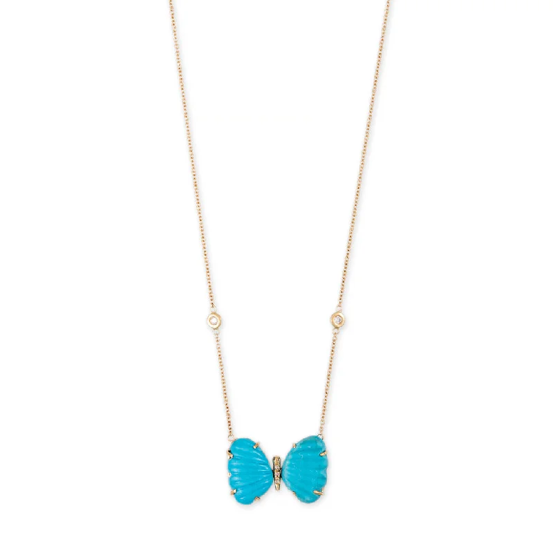 rare gemstone necklaces for women -MEDIUM BUBBLE SLEEPING BEAUTY TURQUOISE PAVE CENTER BUTTERFLY NECKLACE