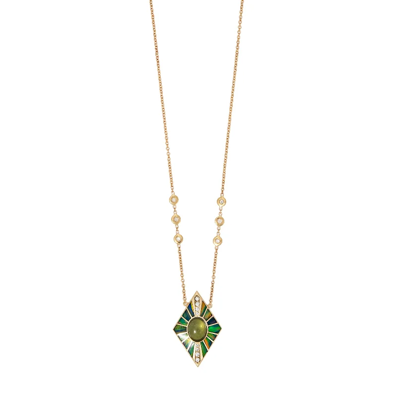 geometric necklaces for women -PAVE GREEN TOURMALINE + GREEN OPAL INLAY KITE NECKLACE