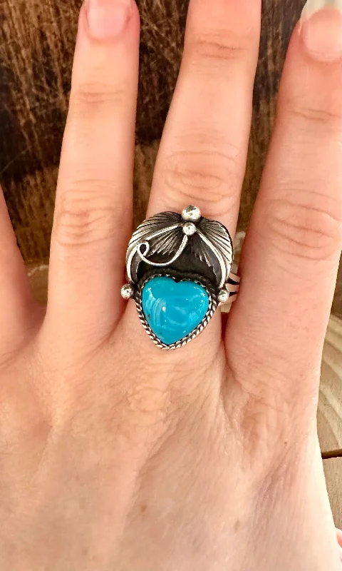 bar rings for women -BLUE CORAZON J. Piaso Jr Sterling Silver Turquoise Heart Ring • Sizes 8, 9 1/4