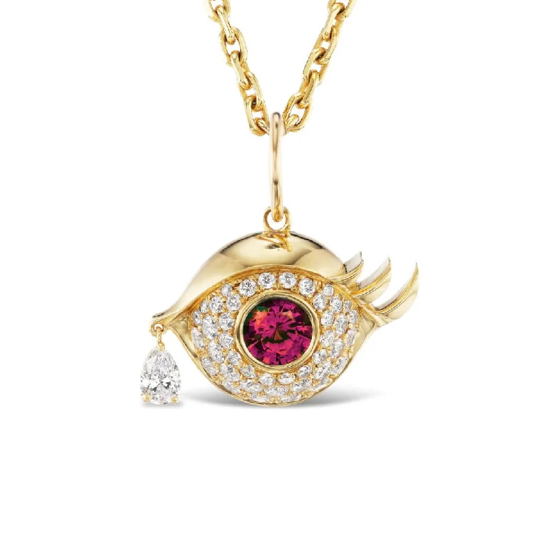 tourmaline stone necklaces for women -RUBY EVIL EYE PENDANT WITH THREE LASHES AND TEARDROP