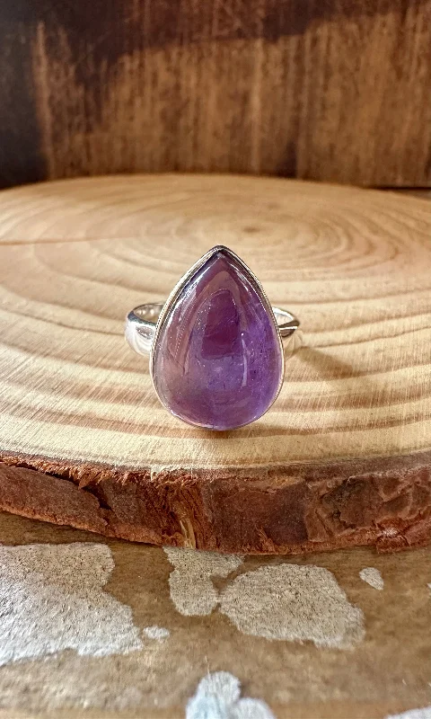 thumb rings for women -ROUND TEARDROP Amethyst Sterling Silver Ring • Size 8