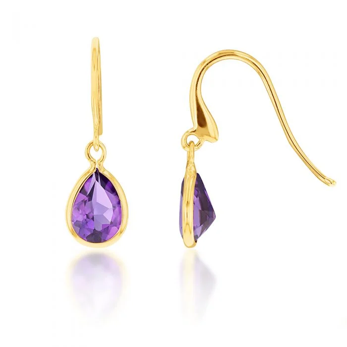 chain earrings for women -9ct Yellow Gold Amethyst Pear Drop Earrings