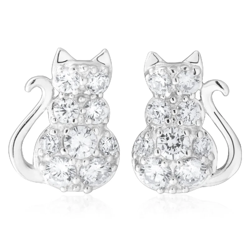 vintage-inspired earrings for women -Sterling Silver Zirconia Sitting Cat Earrings