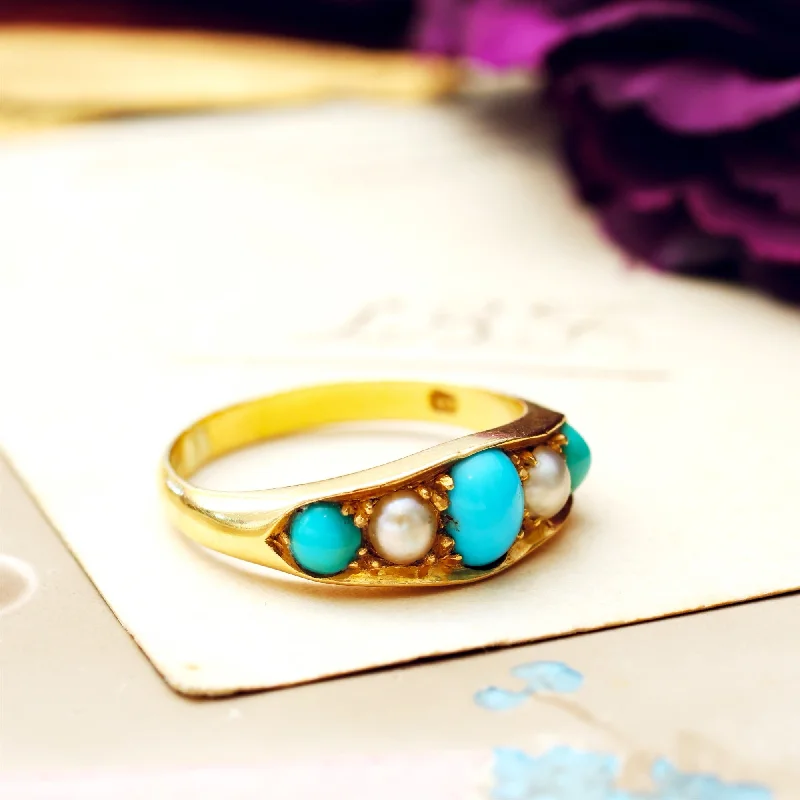 floral rings for women -Antique Edwardian Persian Turquoise & Wild Pearl Ring