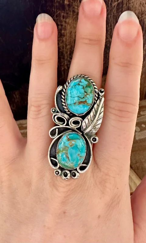 vintage cocktail rings for women -LITTLE C.R. Navajo, Dine'h Native Arts Turquoise Sterling Silver, Large Ring • Size 8 1/2