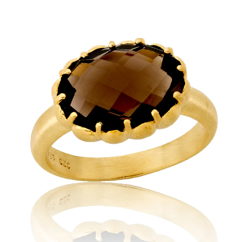 geometric rings for women -Gold Plated Smokey Cubic Zirconia Oval Ring