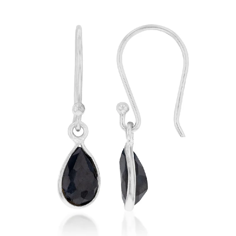 handcrafted pearl earrings for women -Sterling Silver Black Sapphire Pear Hook Drop Earrings