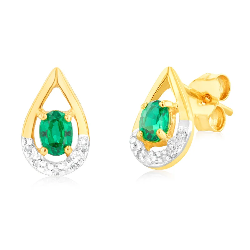 minimalist gold earrings for women -Created Oval 4x3mm Emerald & Diamond Stud Earrings in 9ct Yellow Gold