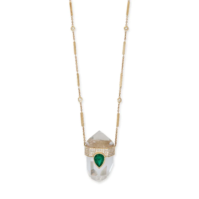 delicate necklaces for women -LARGE PAVE EMERALD TEARDROP CAP + CLEAR QUARTZ CRYSTAL NECKLACE