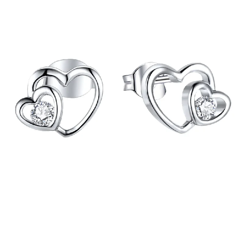 engraved earrings for women -Sterling Silver Zirconia Double Heart Stud Earrings