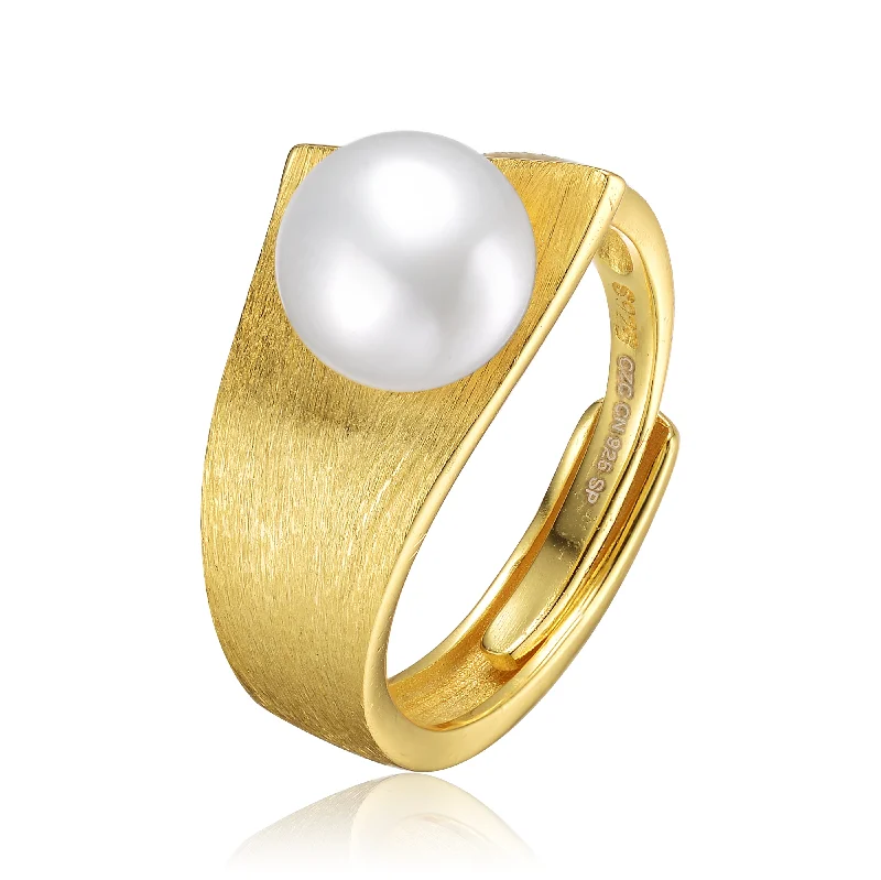 fine jewelry rings for women -Delphine Brushed Ribbon Golden Pearl Ring