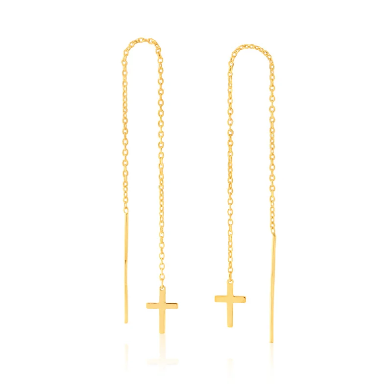 opal earrings for women -9ct Yellow Gold Silver-Filled Cross Threader Earrings