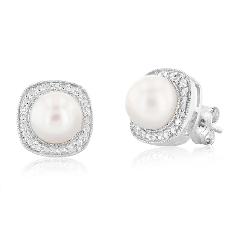 fancy earrings for women -Cultured Pearl & 05Pts Diamond Stud Earrings In Sterling Silver