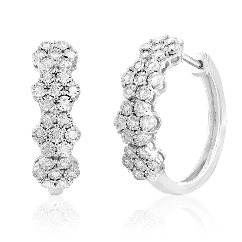 coral earrings for women -1/4 Carat Diamond Flower Hoop Earrings in Sterling Silver