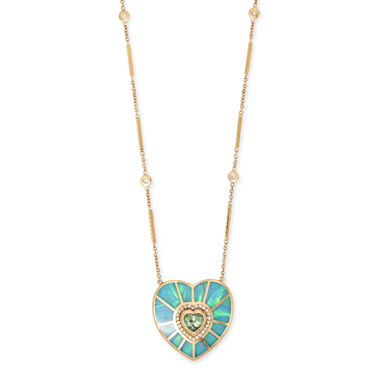 tourmaline necklaces for women -PAVE TOURMALINE HEART CENTER + LIGHT GREEN TOURMALINE OPAL INLAY HEART VORTEX SMOOTH BAR NECKLACE