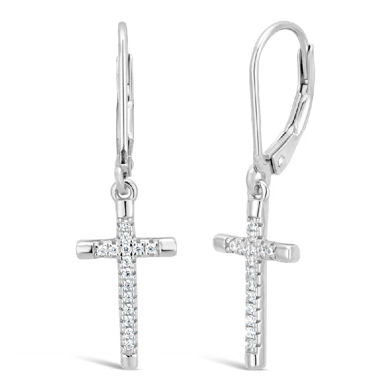 pearl drop earrings for women -Sterling Silver Zirconia Cross Lever Back Earrings