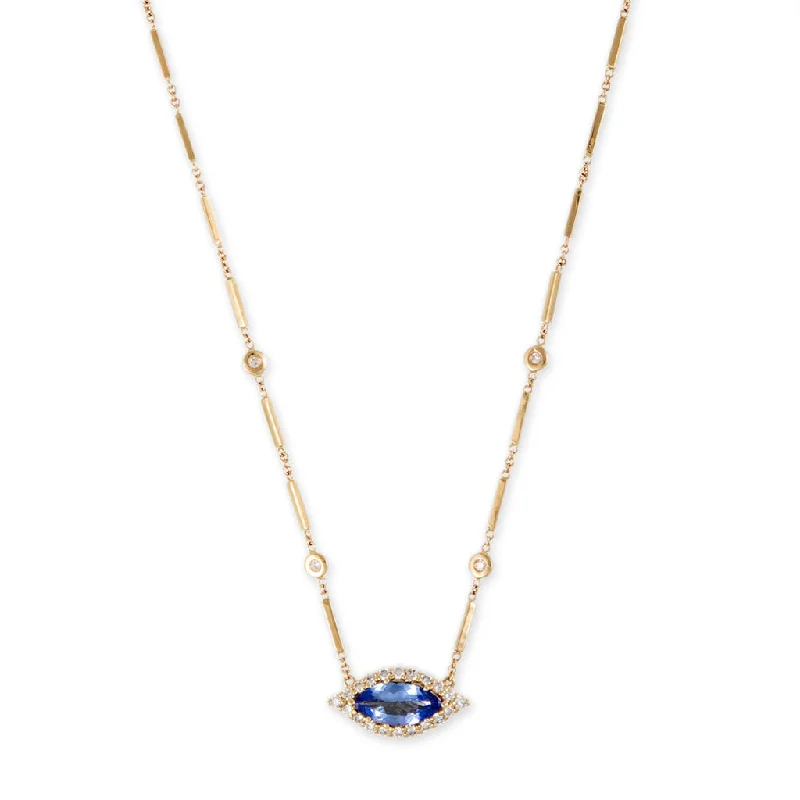 zodiac necklaces for women -PAVE TANZANITE CENTER EYE DIAMOND SMOOTH BAR NECKLACE