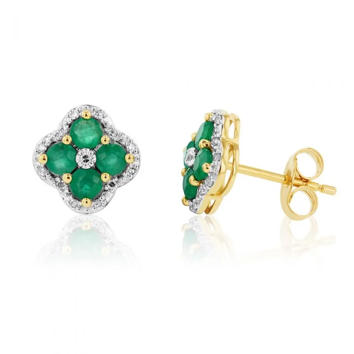 double hoop earrings for women -9ct Yellow Gold 1ct Natural Emerald and 0.10 Carat Diamond 4 Leaf Clover Stud Earrings