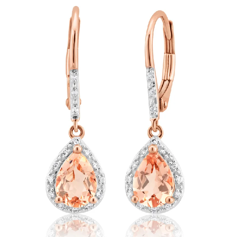 stud earrings for women -9ct Rose Gold Morganite Pear & Diamond Drop Earrings