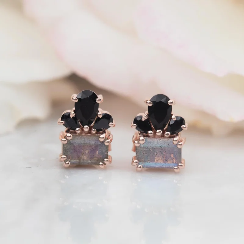 engraved earrings for women -Rose Gold Labradorite & Black Spinel Empress Studs