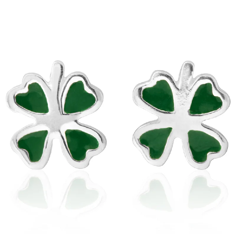 boho earrings for women -Sterling Silver 4 Leaf Heart Clover Green Stud Earrings